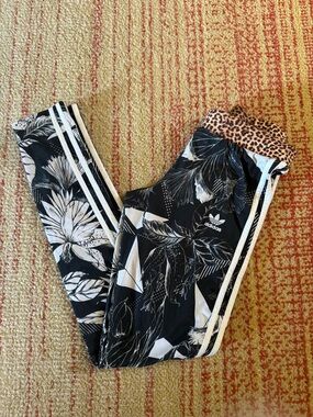 adidas woman’s Black Floral Leggings with Leopard Waistband Accent